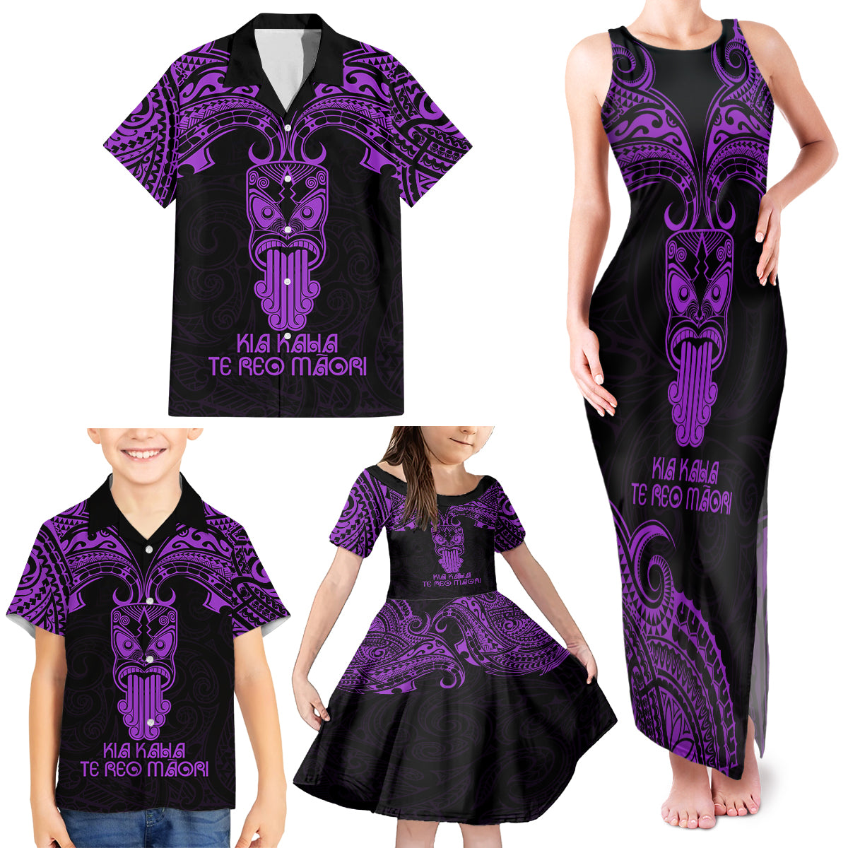 Personalised New Zealand Te Reo Maori Family Matching Tank Maxi Dress and Hawaiian Shirt Kia Kaha Maori Language Week Purple Style - Wonder Print Shop