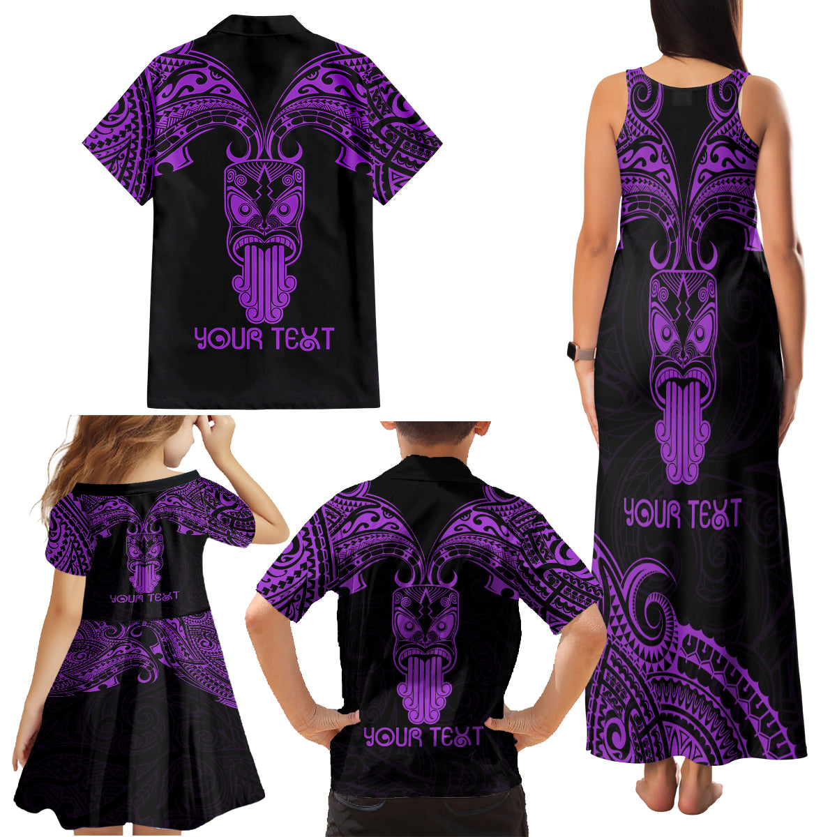 Personalised New Zealand Te Reo Maori Family Matching Tank Maxi Dress and Hawaiian Shirt Kia Kaha Maori Language Week Purple Style - Wonder Print Shop