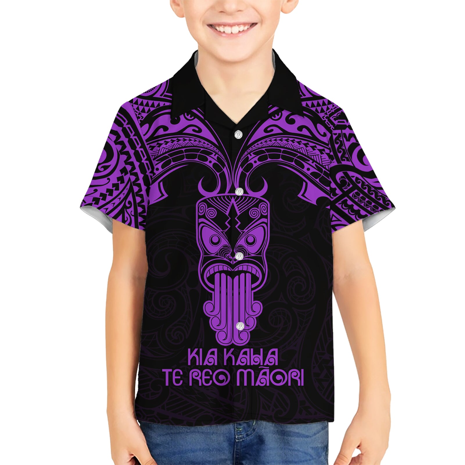 Personalised New Zealand Te Reo Maori Kid Hawaiian Shirt Kia Kaha Maori Language Week Purple Style - Wonder Print Shop