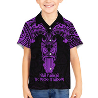Personalised New Zealand Te Reo Maori Kid Hawaiian Shirt Kia Kaha Maori Language Week Purple Style - Wonder Print Shop