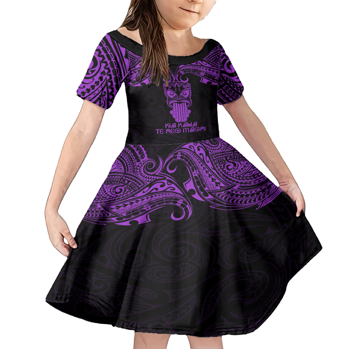Personalised New Zealand Te Reo Maori Kid Short Sleeve Dress Kia Kaha Maori Language Week Purple Style - Wonder Print Shop