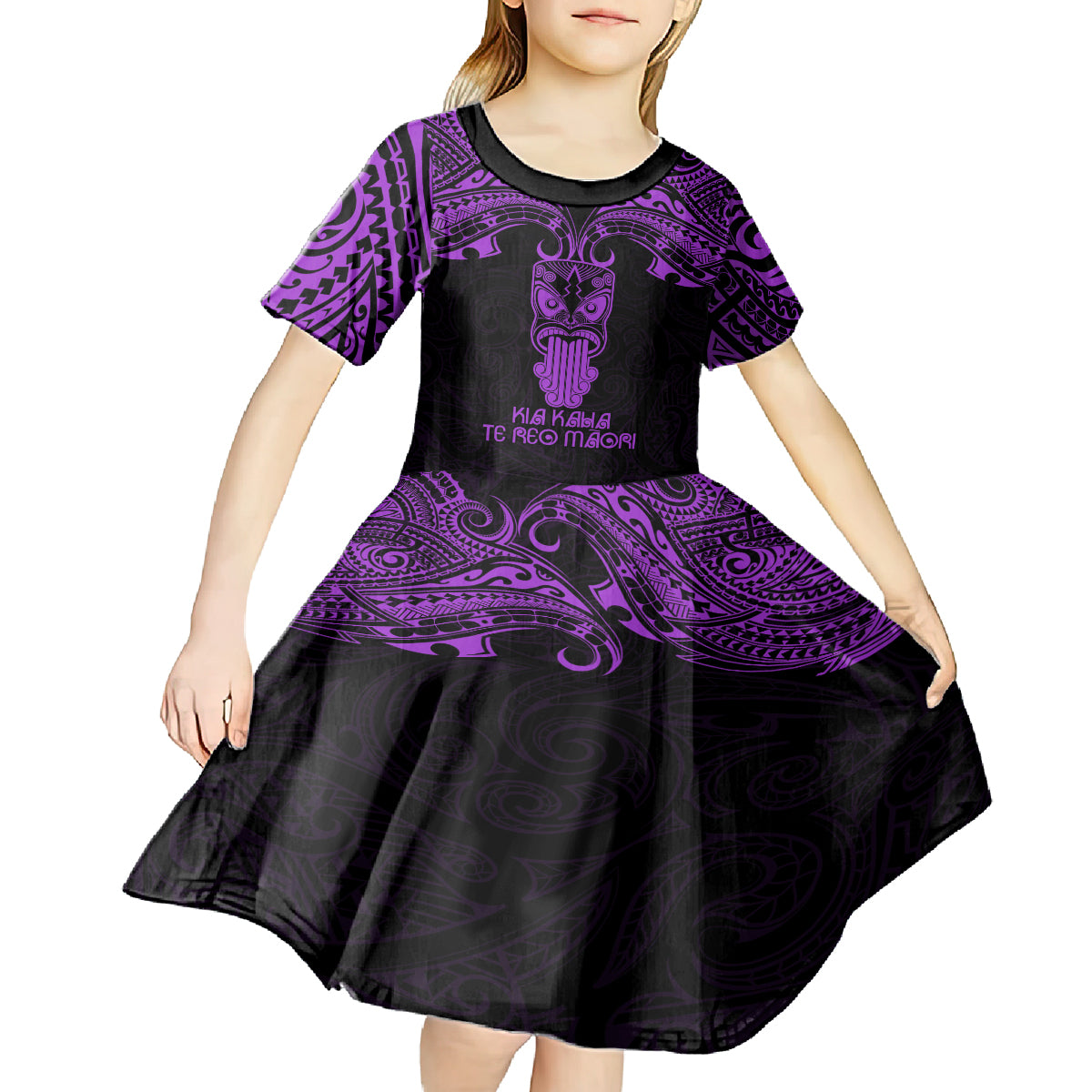 Personalised New Zealand Te Reo Maori Kid Short Sleeve Dress Kia Kaha Maori Language Week Purple Style - Wonder Print Shop