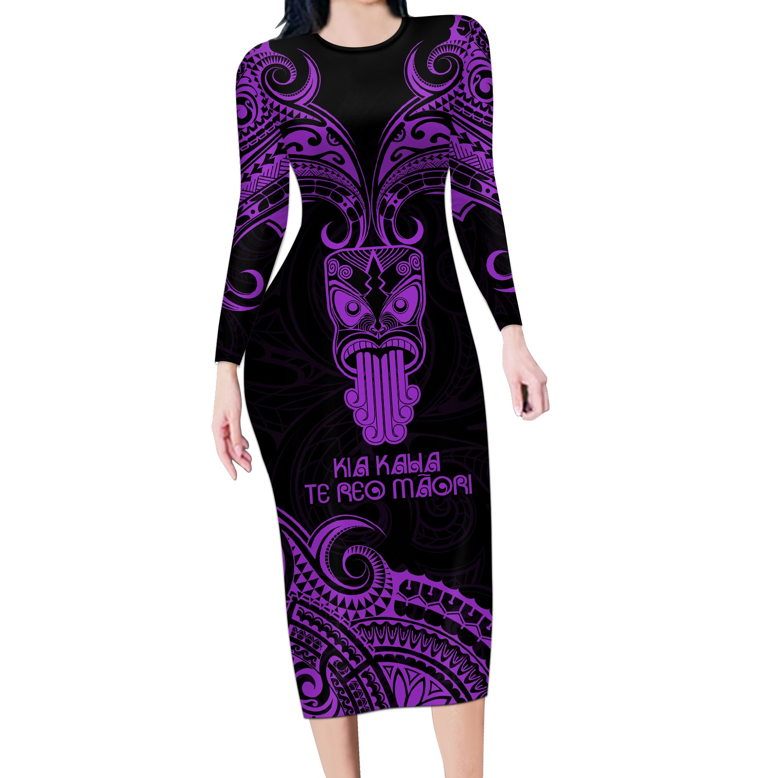 Personalised New Zealand Te Reo Maori Long Sleeve Bodycon Dress Kia Kaha Maori Language Week Purple Style - Wonder Print Shop