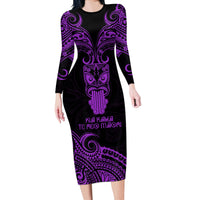 Personalised New Zealand Te Reo Maori Long Sleeve Bodycon Dress Kia Kaha Maori Language Week Purple Style - Wonder Print Shop