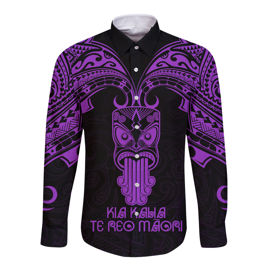 Personalised New Zealand Te Reo Maori Long Sleeve Button Shirt Kia Kaha Maori Language Week Purple Style - Wonder Print Shop