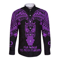Personalised New Zealand Te Reo Maori Long Sleeve Button Shirt Kia Kaha Maori Language Week Purple Style - Wonder Print Shop