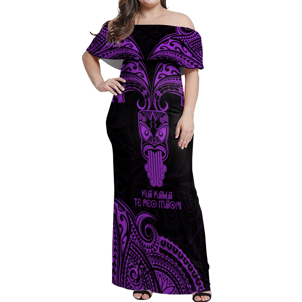 Personalised New Zealand Te Reo Maori Off Shoulder Maxi Dress Kia Kaha Maori Language Week Purple Style - Wonder Print Shop
