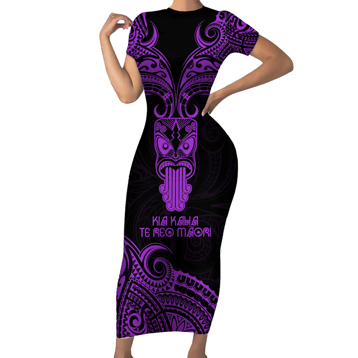 Personalised New Zealand Te Reo Maori Short Sleeve Bodycon Dress Kia Kaha Maori Language Week Purple Style - Wonder Print Shop