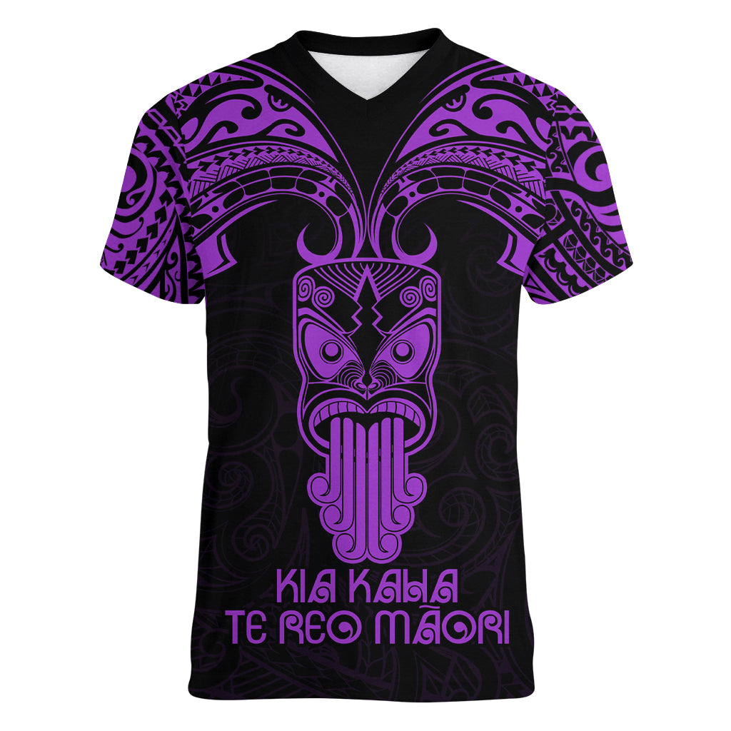 Personalised New Zealand Te Reo Maori Women V Neck T Shirt Kia Kaha Maori Language Week Purple Style - Wonder Print Shop