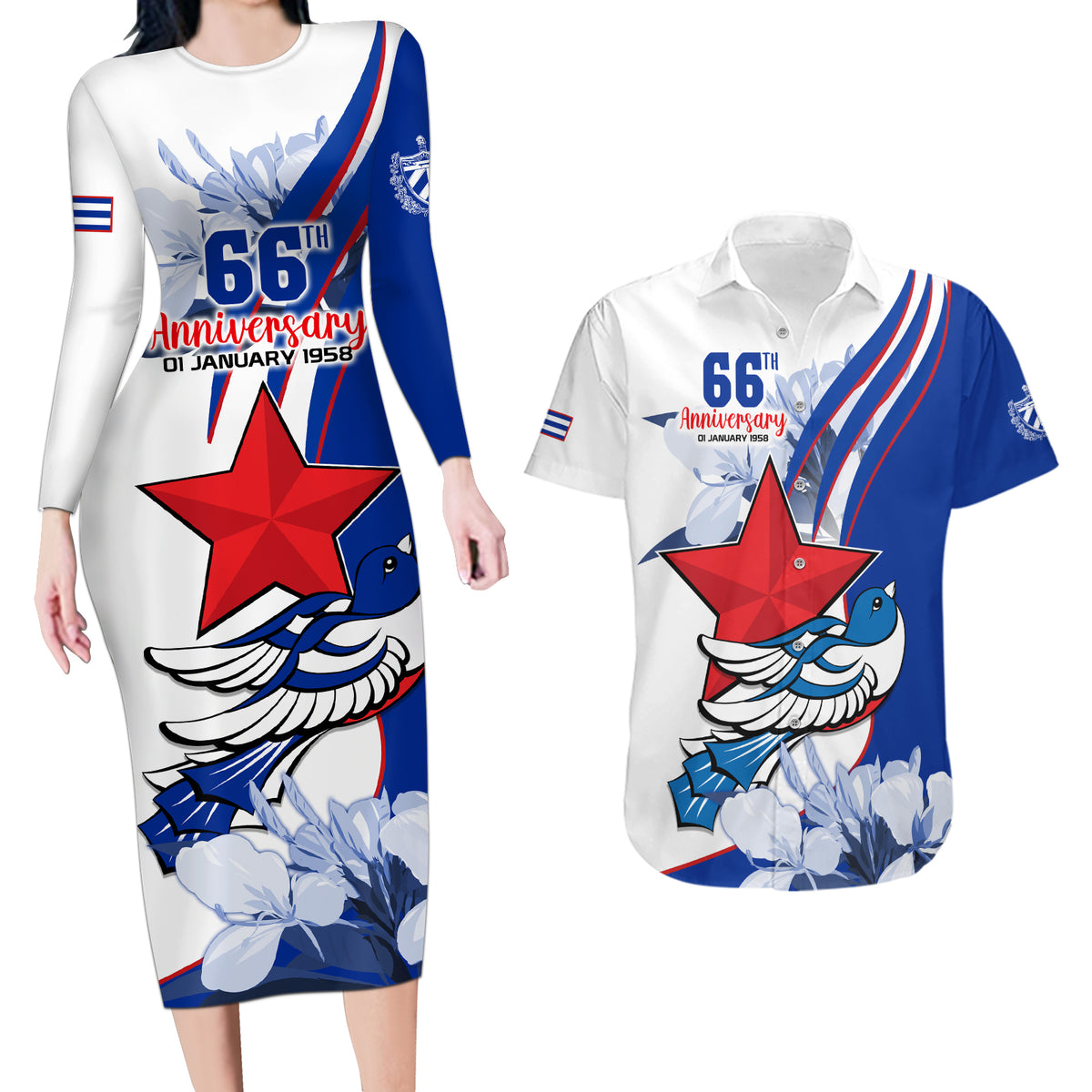 Cuba Triumph of the Revolution Personalized Couples Matching Long Sleeve Bodycon Dress and Hawaiian Shirt Freedom And Liberty LT9 - Wonder Print Shop