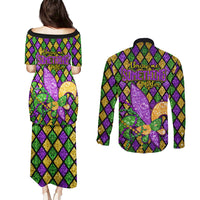 Mardi Gras Glitter Mask with Fleur-de-lis Couples Matching Puletasi and Long Sleeve Button Shirt LT9 - Wonder Print Shop