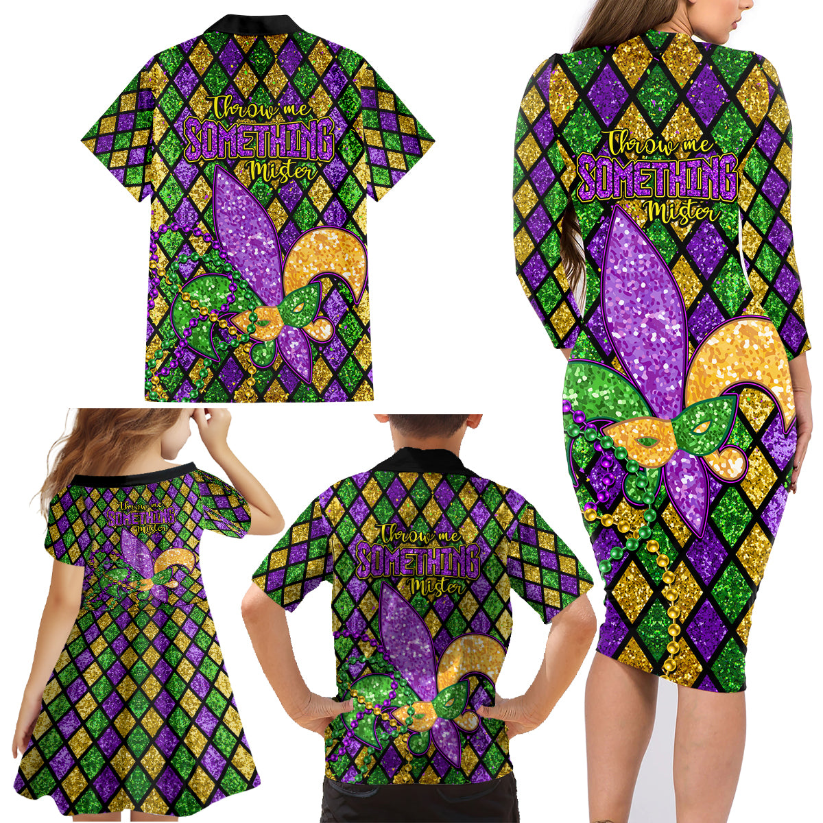 Mardi Gras Glitter Mask with Fleur-de-lis Family Matching Long Sleeve Bodycon Dress and Hawaiian Shirt LT9 - Wonder Print Shop