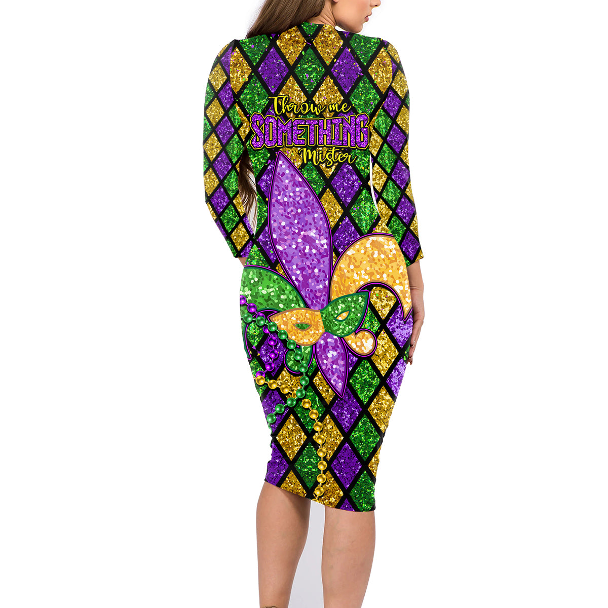 Mardi Gras Glitter Mask with Fleur-de-lis Family Matching Long Sleeve Bodycon Dress and Hawaiian Shirt LT9 - Wonder Print Shop