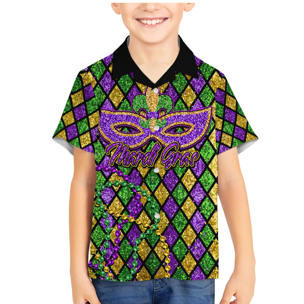 Mardi Gras Glitter Mask with Fleur-de-lis Family Matching Mermaid Dress and Hawaiian Shirt LT9 - Wonder Print Shop