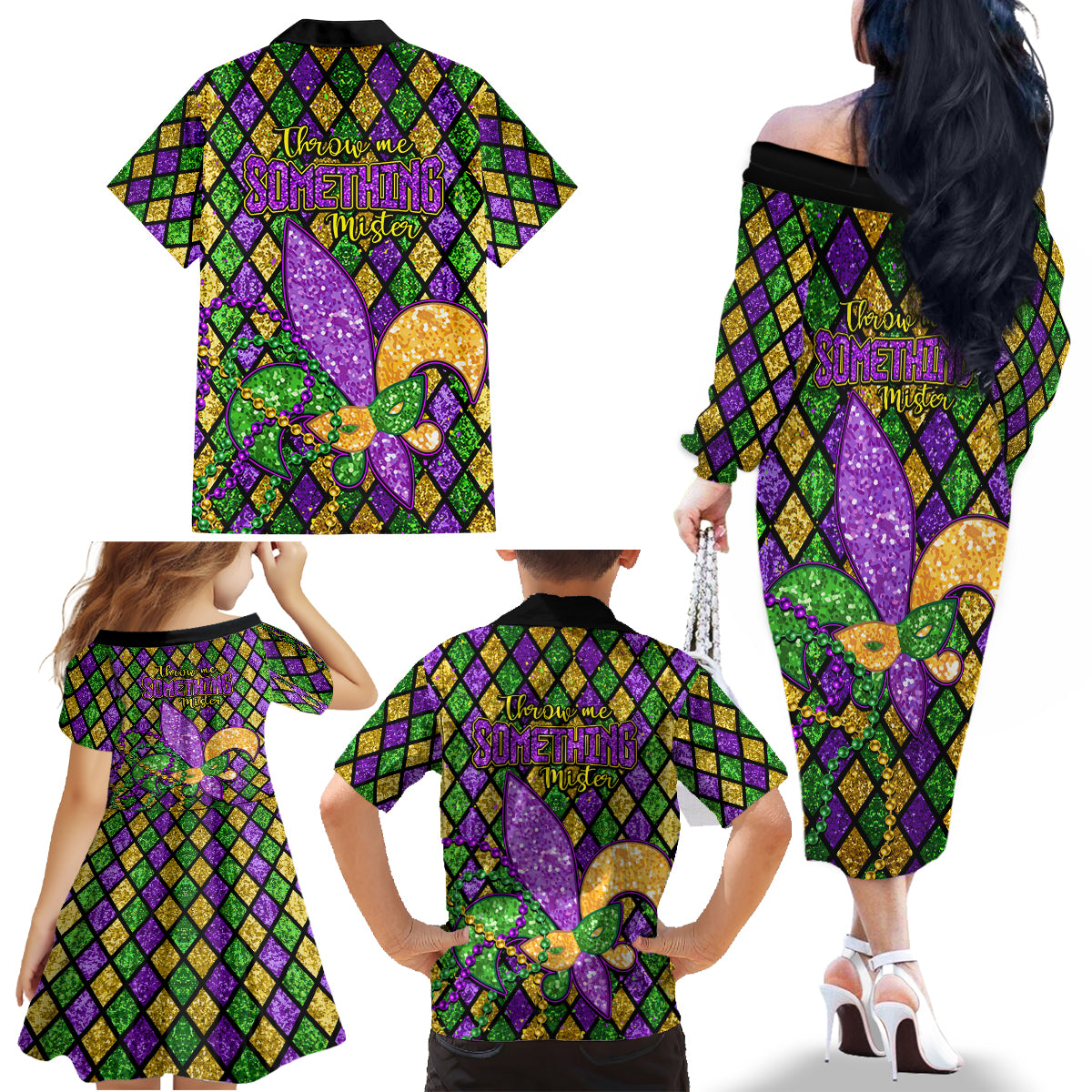 Mardi Gras Glitter Mask with Fleur-de-lis Family Matching Off Shoulder Long Sleeve Dress and Hawaiian Shirt - Wonder Print Shop
