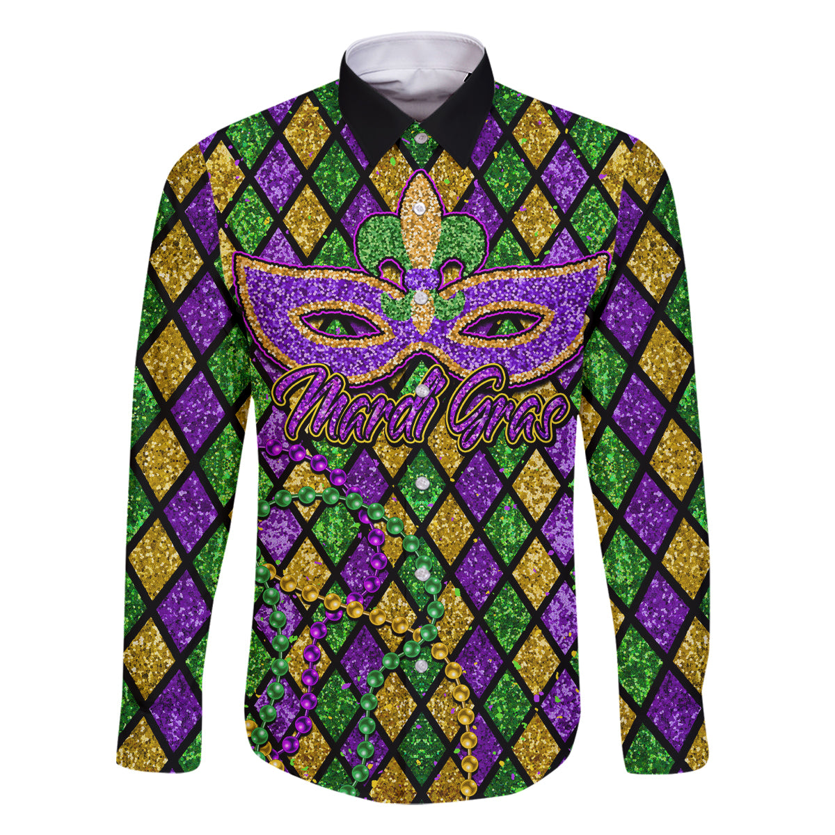 Mardi Gras Glitter Mask with Fleur-de-lis Family Matching Off Shoulder Maxi Dress and Hawaiian Shirt LT9 - Wonder Print Shop