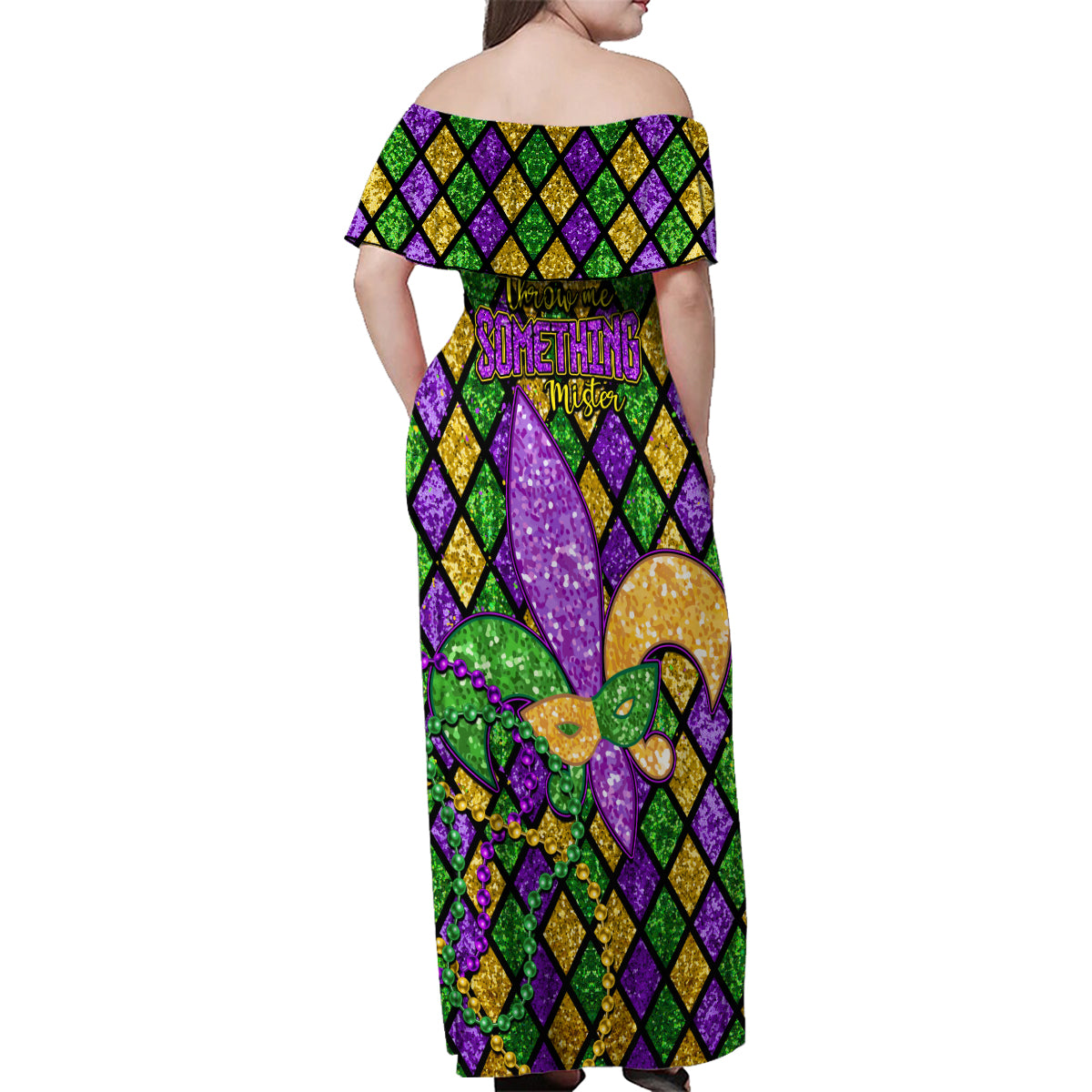 Mardi Gras Glitter Mask with Fleur-de-lis Family Matching Off Shoulder Maxi Dress and Hawaiian Shirt LT9 - Wonder Print Shop