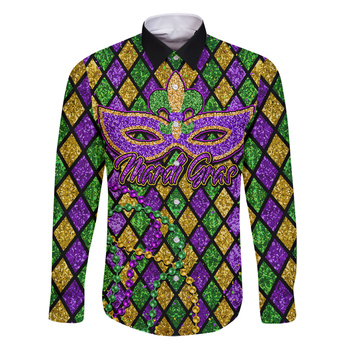 Mardi Gras Glitter Mask with Fleur-de-lis Family Matching Short Sleeve Bodycon Dress and Hawaiian Shirt - Wonder Print Shop