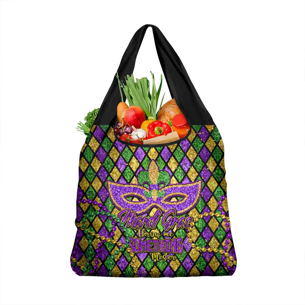 Mardi Gras Glitter Mask with Fleur-de-lis Grocery Bag
