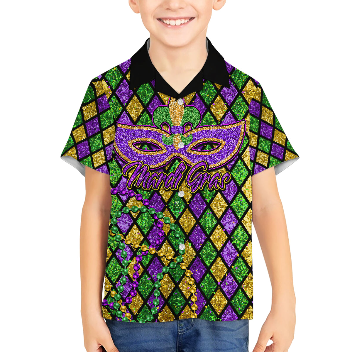 Mardi Gras Glitter Mask with Fleur-de-lis Hawaiian Shirt - Wonder Print Shop