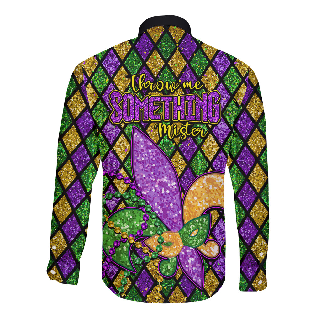 Mardi Gras Glitter Mask with Fleur-de-lis Long Sleeve Button Shirt - Wonder Print Shop