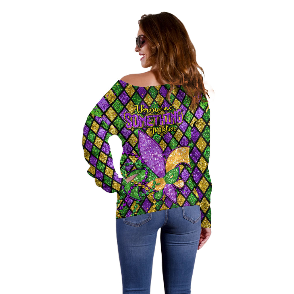 Mardi Gras Glitter Mask with Fleur-de-lis Off Shoulder Sweater - Wonder Print Shop