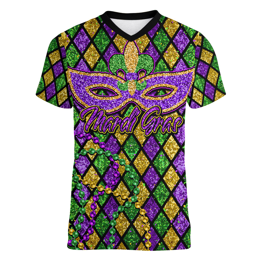 Mardi Gras Glitter Mask with Fleur-de-lis Women V Neck T Shirt - Wonder Print Shop