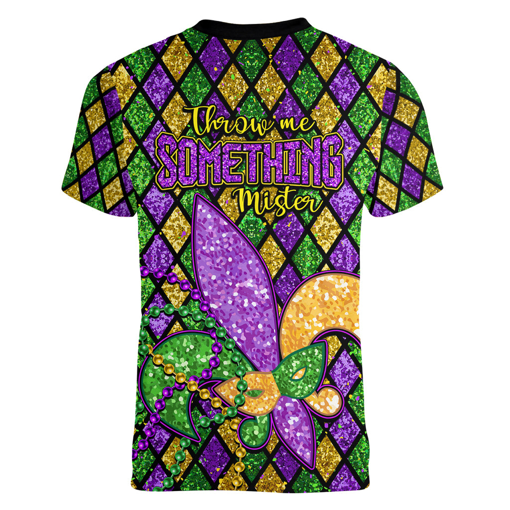 Mardi Gras Glitter Mask with Fleur-de-lis Women V Neck T Shirt - Wonder Print Shop