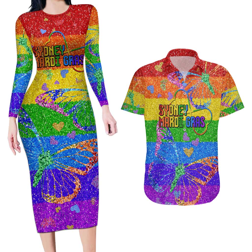 Sydney Mardi Gras Personalized Couples Matching Long Sleeve Bodycon Dress and Hawaiian Shirt Pride Rainbow Glitter Colorful Style LT9 - Wonder Print Shop
