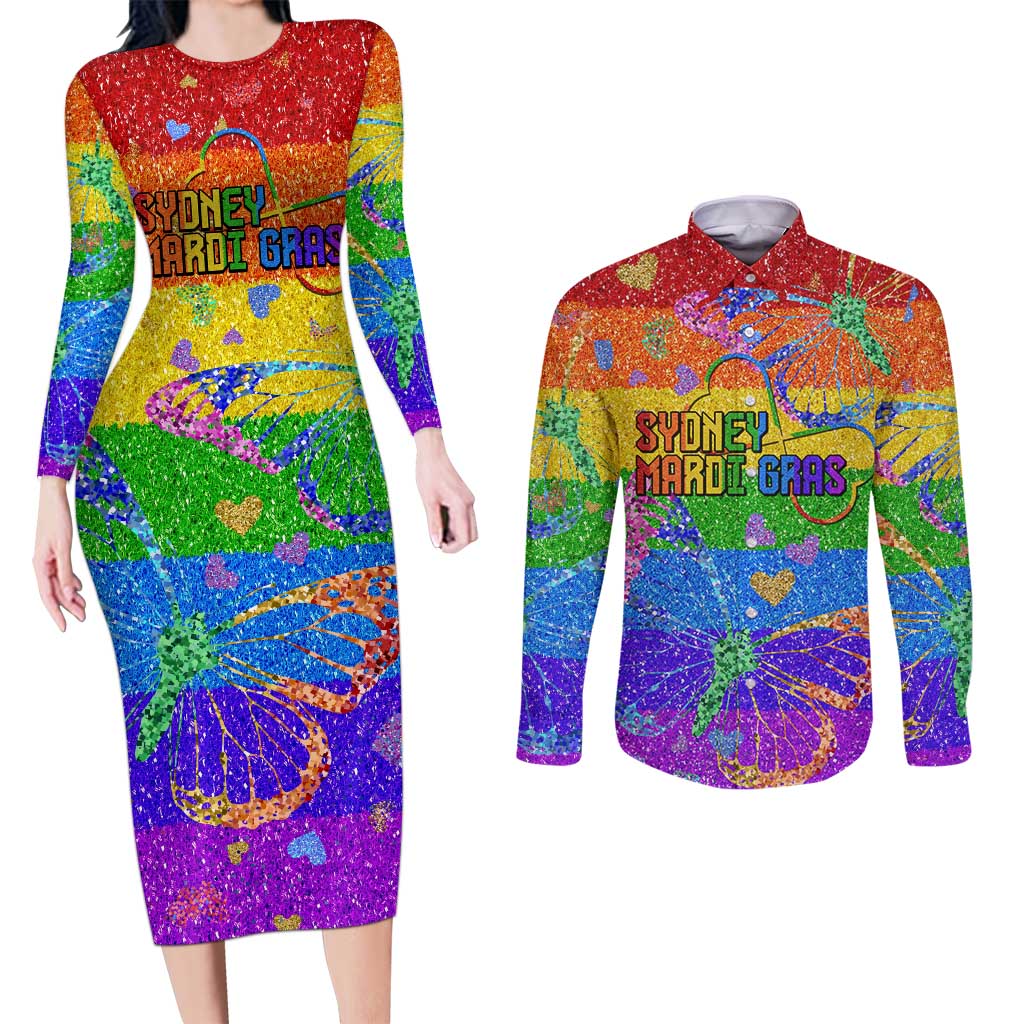 Sydney Mardi Gras Personalized Couples Matching Long Sleeve Bodycon Dress and Long Sleeve Button Shirt Pride Rainbow Glitter Colorful Style LT9 - Wonder Print Shop