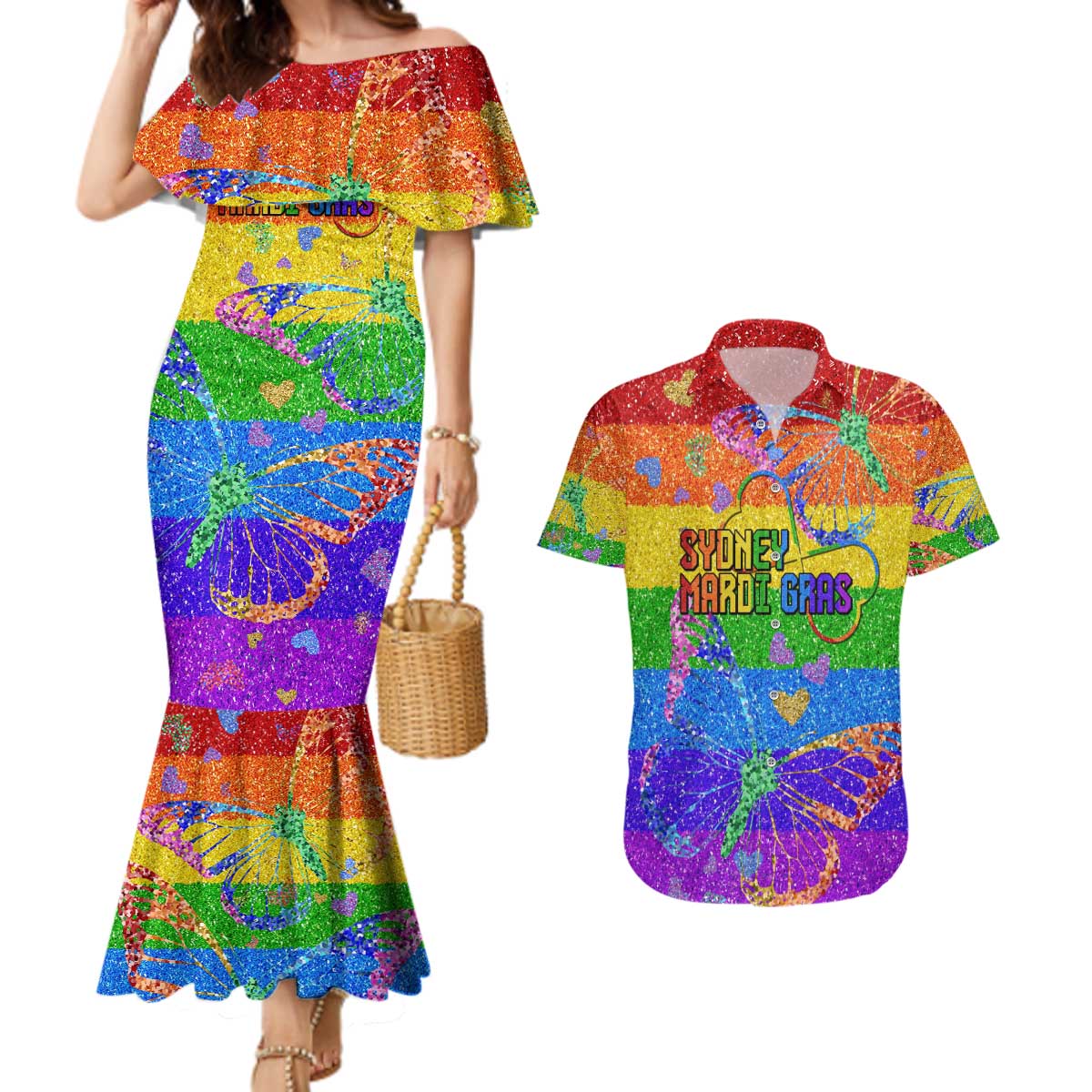 Sydney Mardi Gras Personalized Couples Matching Mermaid Dress and Hawaiian Shirt Pride Rainbow Glitter Colorful Style LT9 - Wonder Print Shop