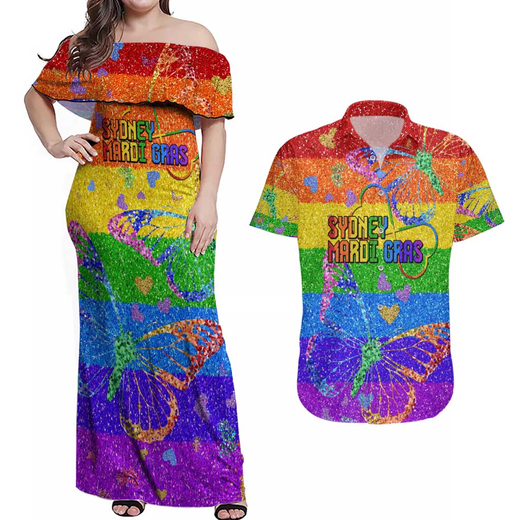 Sydney Mardi Gras Personalized Couples Matching Off Shoulder Maxi Dress and Hawaiian Shirt Pride Rainbow Glitter Colorful Style LT9 - Wonder Print Shop