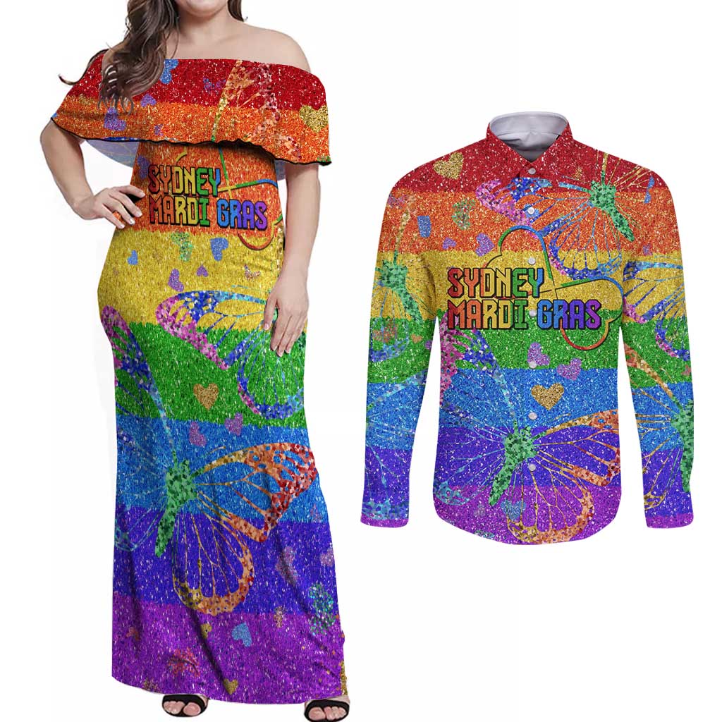 Sydney Mardi Gras Personalized Couples Matching Off Shoulder Maxi Dress and Long Sleeve Button Shirt Pride Rainbow Glitter Colorful Style LT9 - Wonder Print Shop