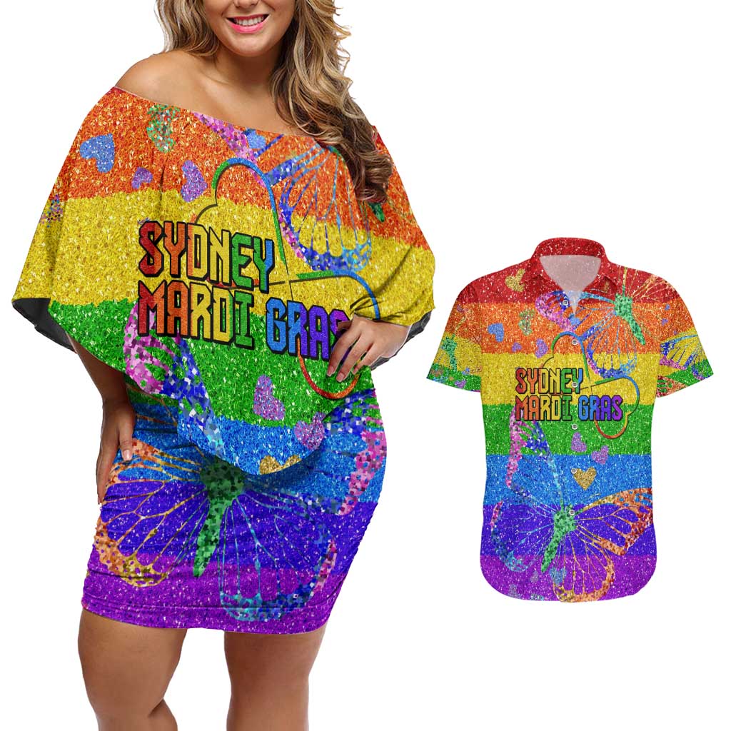 Sydney Mardi Gras Personalized Couples Matching Off Shoulder Short Dress and Hawaiian Shirt Pride Rainbow Glitter Colorful Style LT9 - Wonder Print Shop