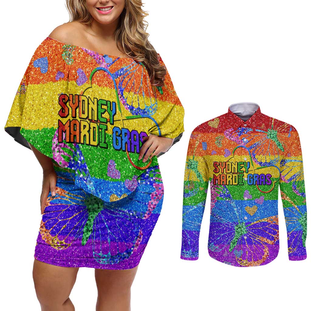 Sydney Mardi Gras Personalized Couples Matching Off Shoulder Short Dress and Long Sleeve Button Shirt Pride Rainbow Glitter Colorful Style LT9 - Wonder Print Shop