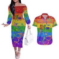 Sydney Mardi Gras Personalized Couples Matching Off The Shoulder Long Sleeve Dress and Hawaiian Shirt Pride Rainbow Glitter Colorful Style LT9 - Wonder Print Shop