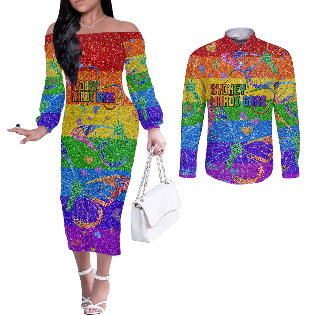 Sydney Mardi Gras Personalized Couples Matching Off The Shoulder Long Sleeve Dress and Long Sleeve Button Shirt Pride Rainbow Glitter Colorful Style