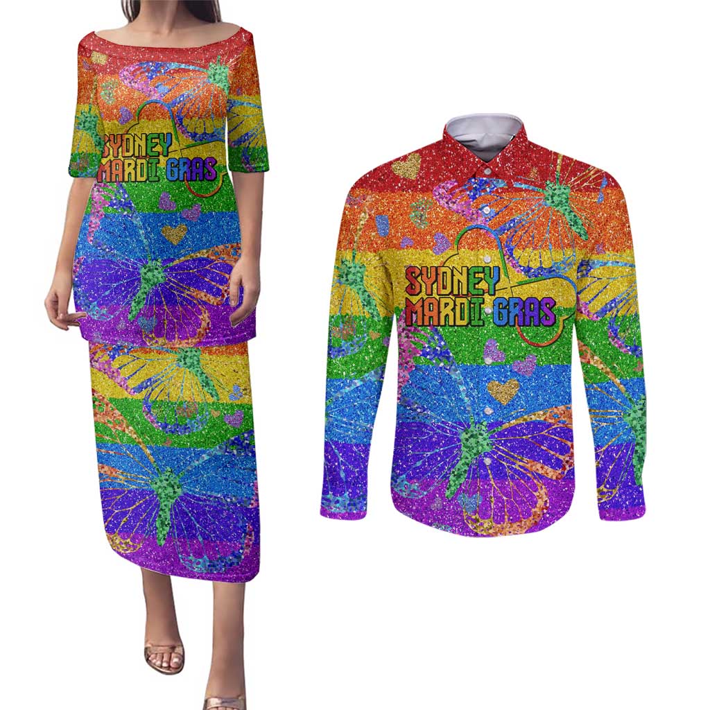 Sydney Mardi Gras Personalized Couples Matching Puletasi and Long Sleeve Button Shirt Pride Rainbow Glitter Colorful Style LT9 - Wonder Print Shop