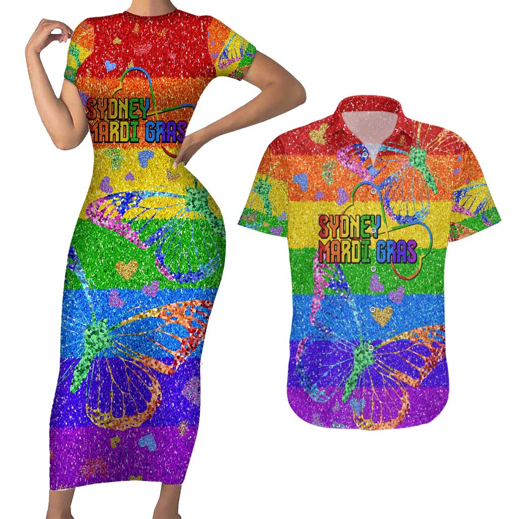 Sydney Mardi Gras Personalized Couples Matching Short Sleeve Bodycon Dress and Hawaiian Shirt Pride Rainbow Glitter Colorful Style LT9 - Wonder Print Shop