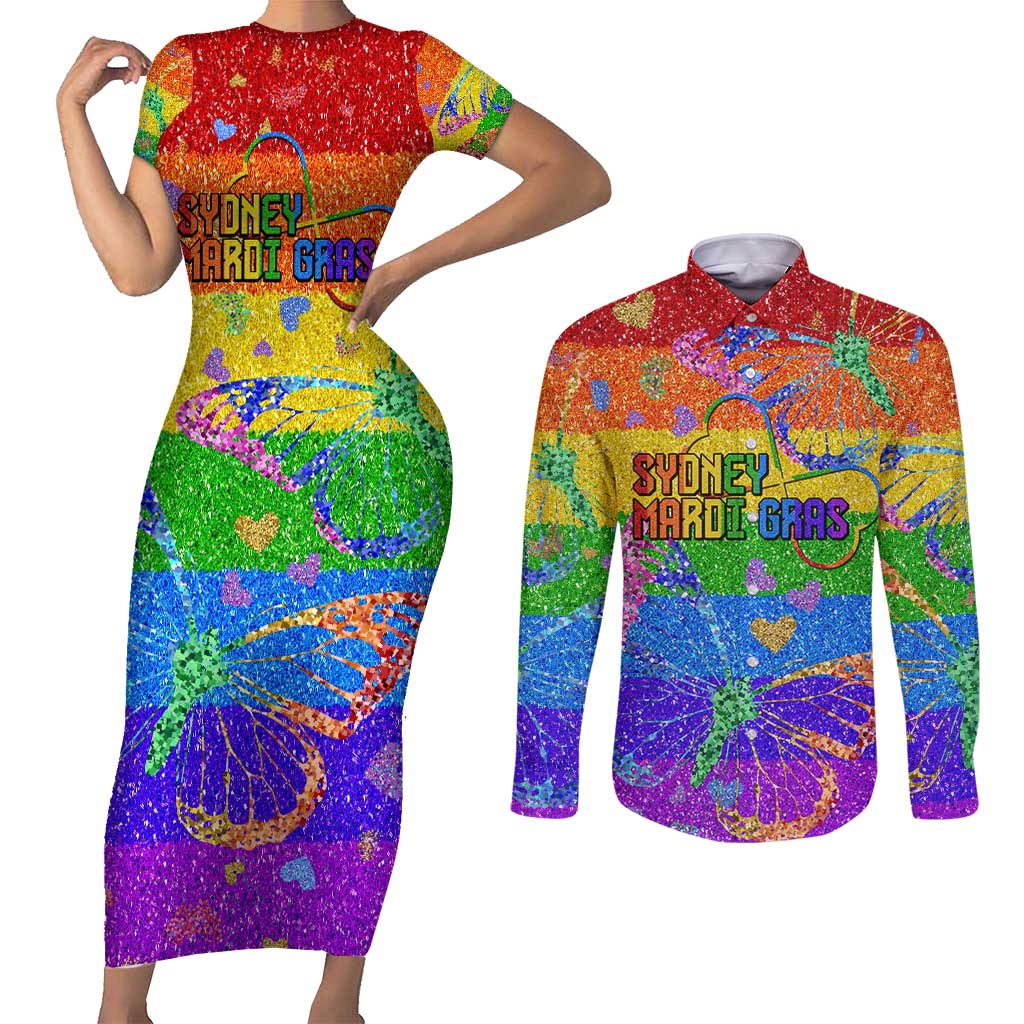 Sydney Mardi Gras Personalized Couples Matching Short Sleeve Bodycon Dress and Long Sleeve Button Shirt Pride Rainbow Glitter Colorful Style LT9 - Wonder Print Shop