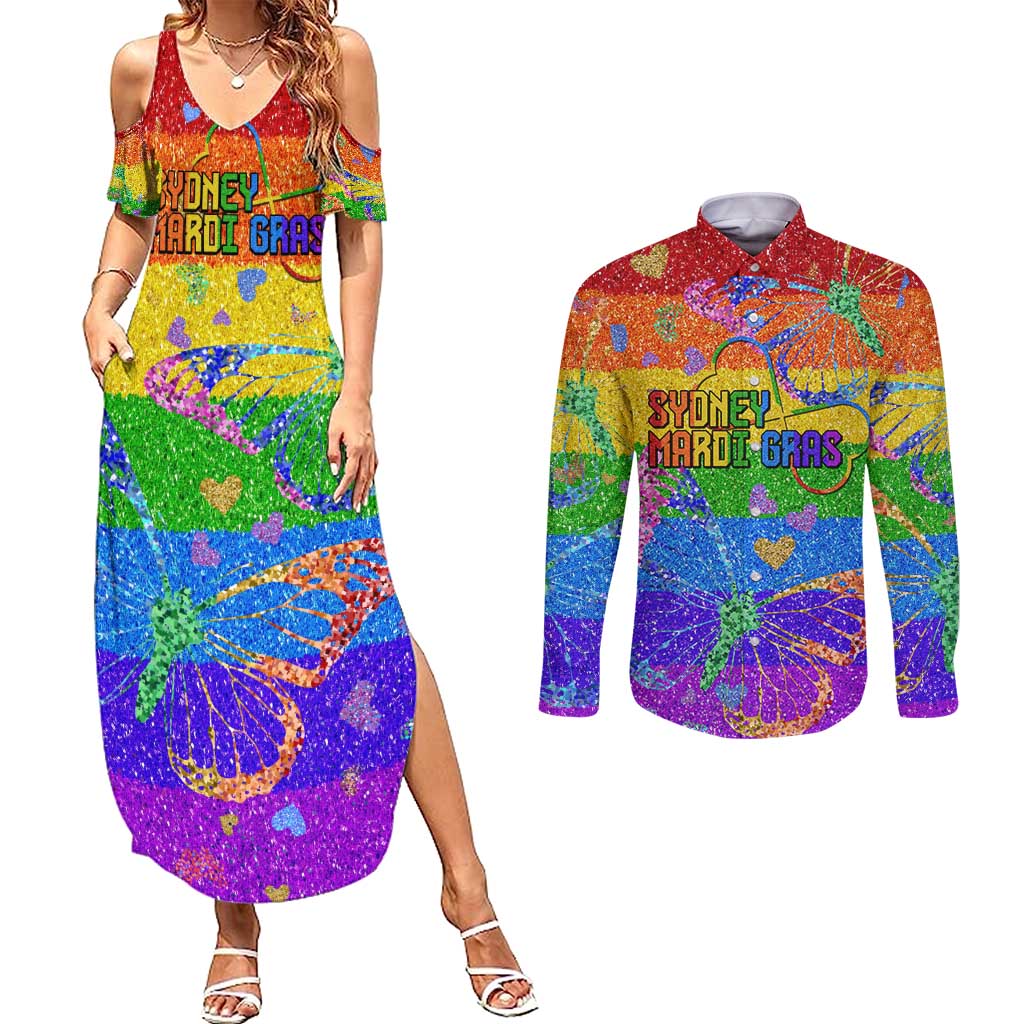 Sydney Mardi Gras Personalized Couples Matching Summer Maxi Dress and Long Sleeve Button Shirt Pride Rainbow Glitter Colorful Style LT9 - Wonder Print Shop
