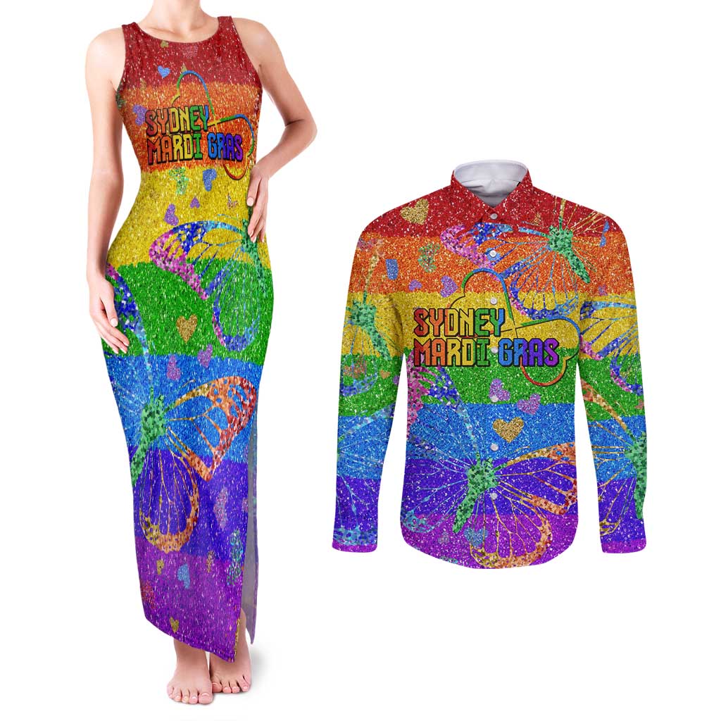 Sydney Mardi Gras Personalized Couples Matching Tank Maxi Dress and Long Sleeve Button Shirt Pride Rainbow Glitter Colorful Style LT9 - Wonder Print Shop