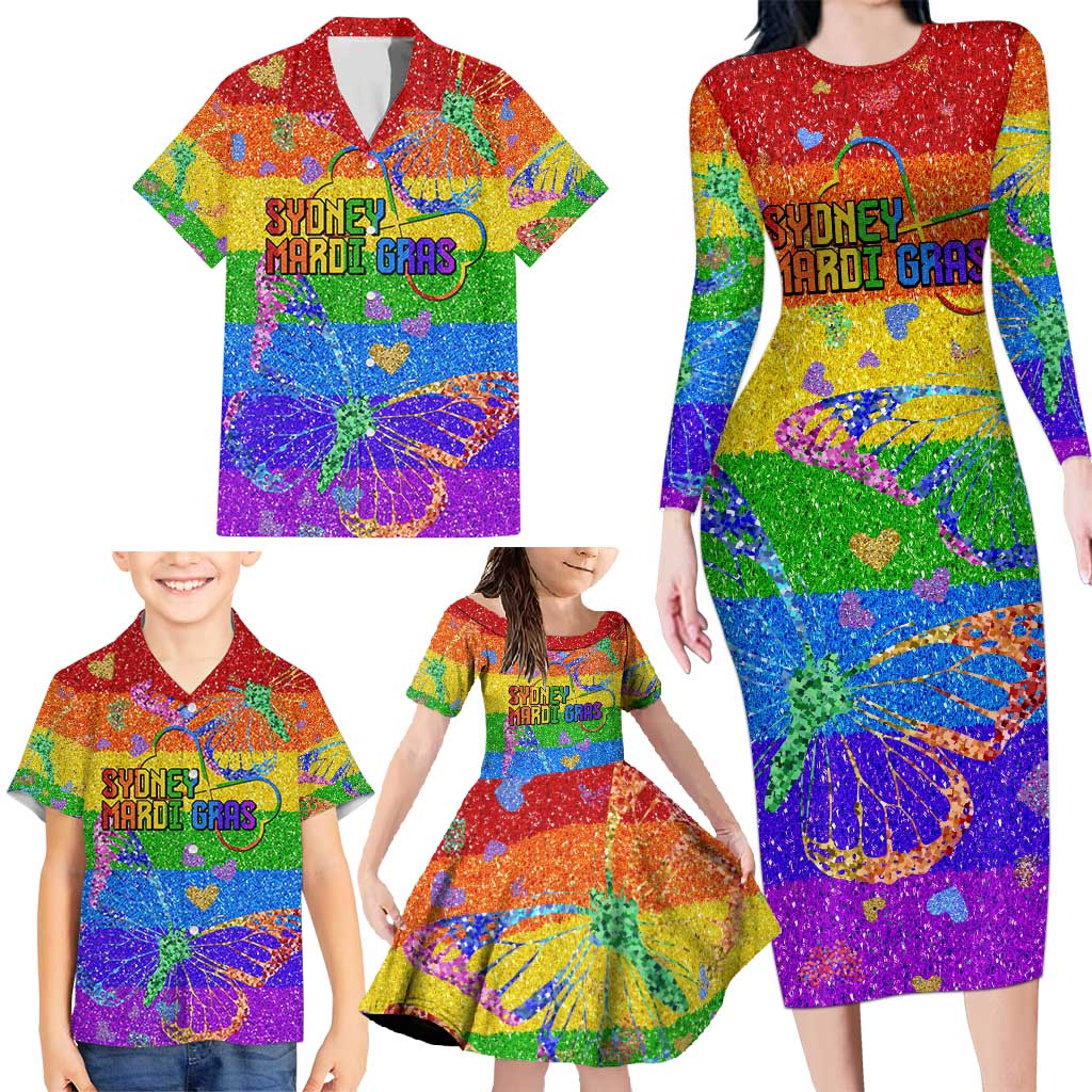 Sydney Mardi Gras Personalized Family Matching Long Sleeve Bodycon Dress and Hawaiian Shirt Pride Rainbow Glitter Colorful Style LT9 - Wonder Print Shop