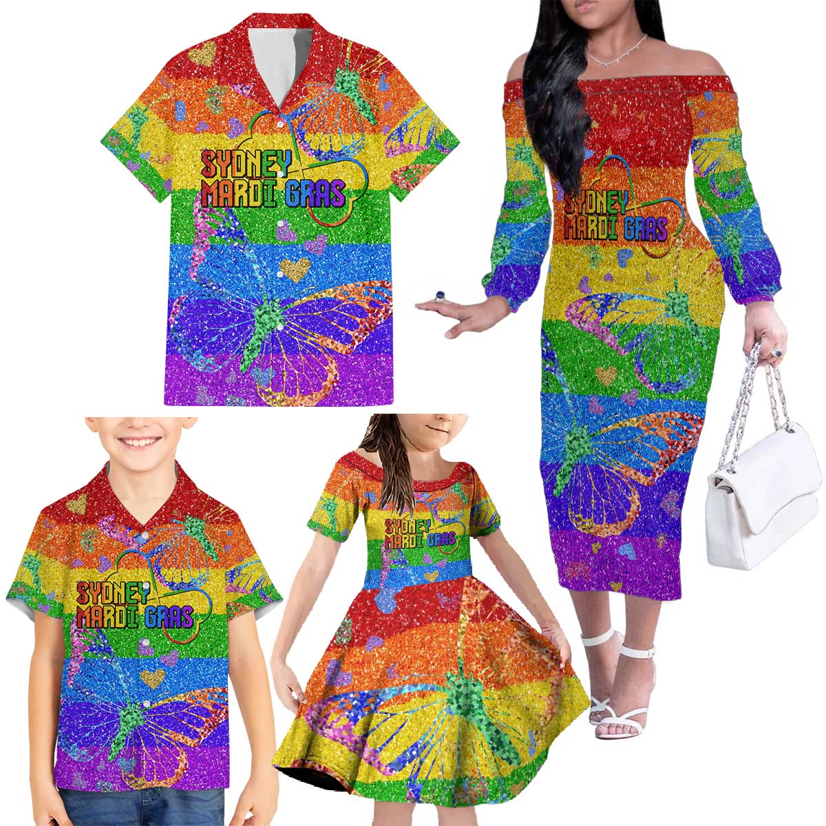 Sydney Mardi Gras Personalized Family Matching Off The Shoulder Long Sleeve Dress and Hawaiian Shirt Pride Rainbow Glitter Colorful Style - Wonder Print Shop