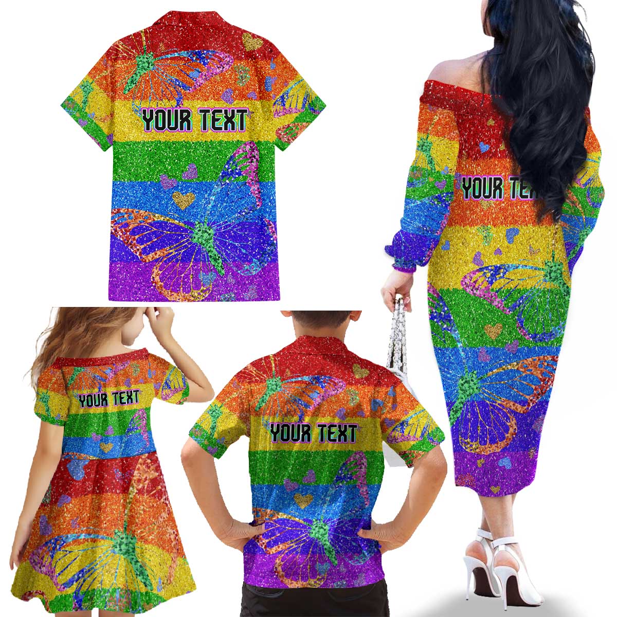Sydney Mardi Gras Personalized Family Matching Off The Shoulder Long Sleeve Dress and Hawaiian Shirt Pride Rainbow Glitter Colorful Style - Wonder Print Shop