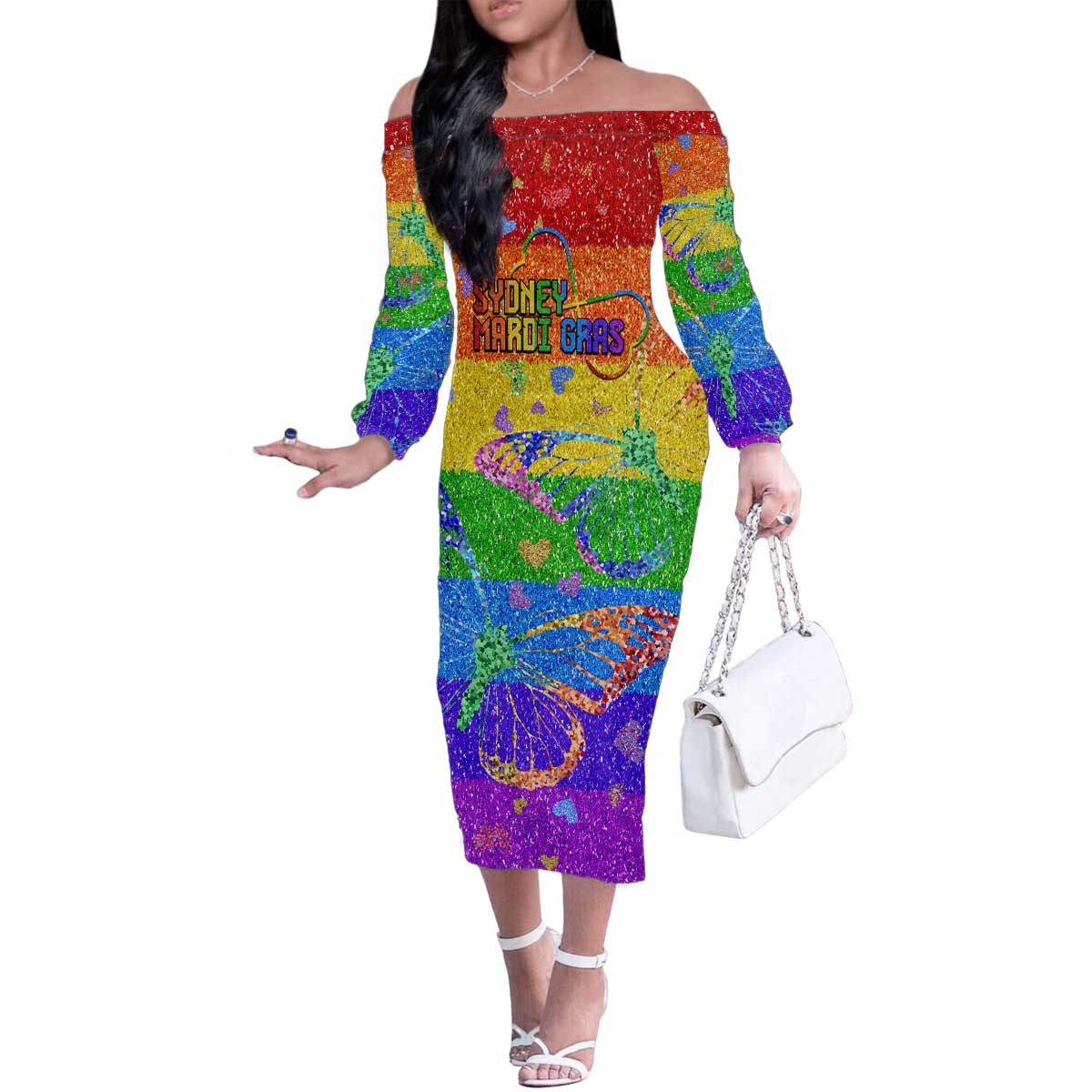 Sydney Mardi Gras Personalized Family Matching Off The Shoulder Long Sleeve Dress and Hawaiian Shirt Pride Rainbow Glitter Colorful Style - Wonder Print Shop