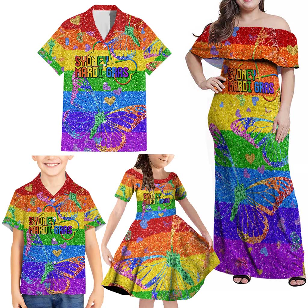 Sydney Mardi Gras Personalized Family Matching Off Shoulder Maxi Dress and Hawaiian Shirt Pride Rainbow Glitter Colorful Style LT9 - Wonder Print Shop