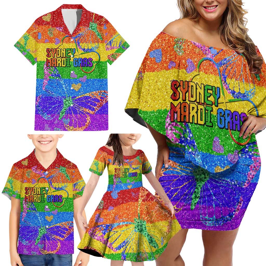 Sydney Mardi Gras Personalized Family Matching Off Shoulder Short Dress and Hawaiian Shirt Pride Rainbow Glitter Colorful Style LT9 - Wonder Print Shop