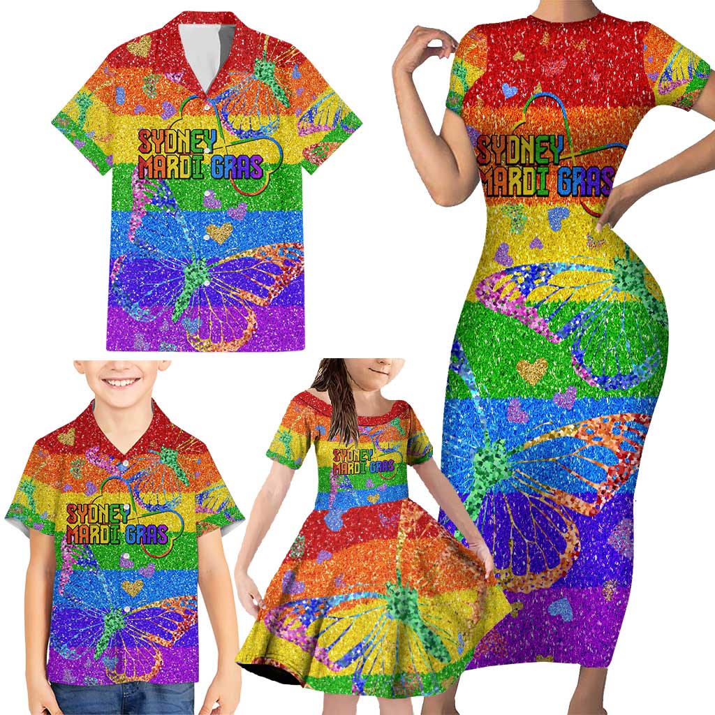 Sydney Mardi Gras Personalized Family Matching Short Sleeve Bodycon Dress and Hawaiian Shirt Pride Rainbow Glitter Colorful Style - Wonder Print Shop