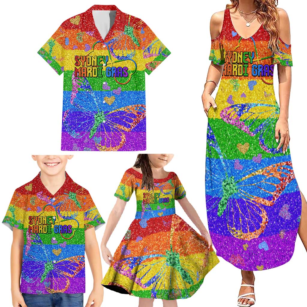 Sydney Mardi Gras Personalized Family Matching Summer Maxi Dress and Hawaiian Shirt Pride Rainbow Glitter Colorful Style - Wonder Print Shop
